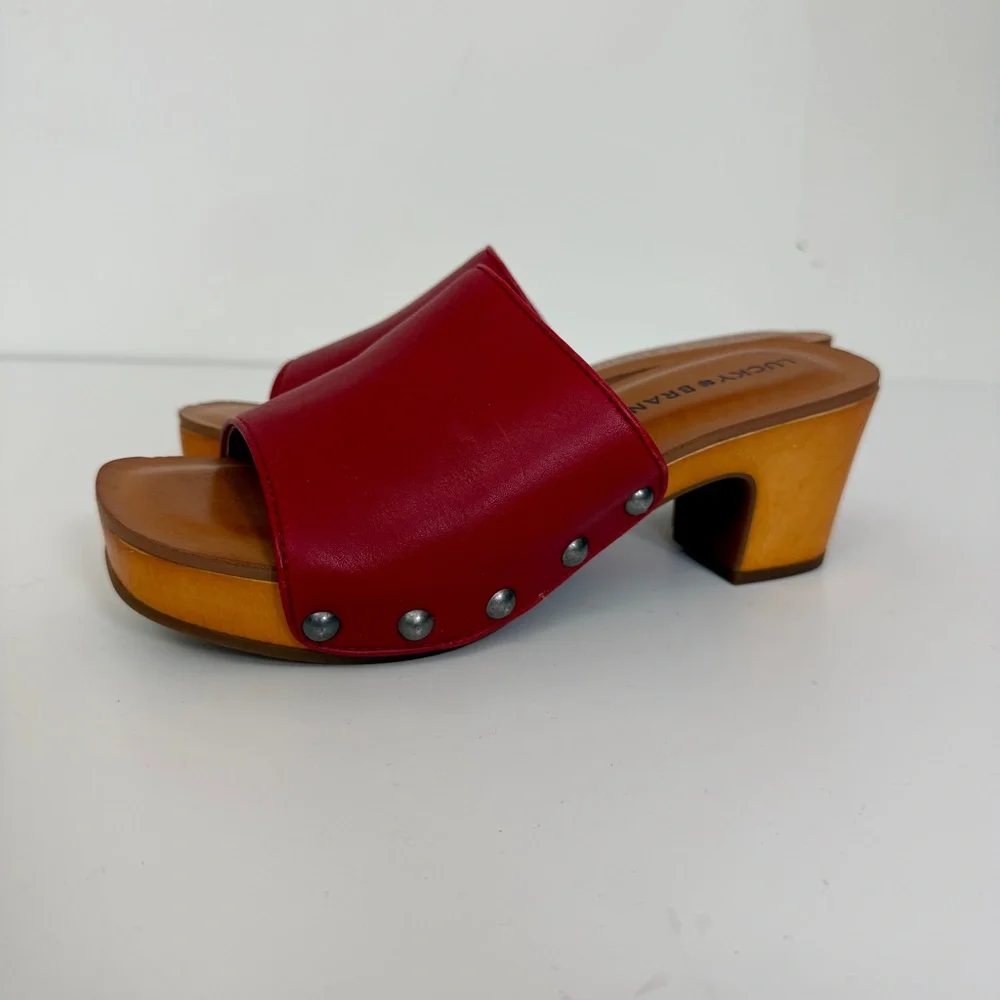 Lucky Brand Red Leather Studded Clog Slide Sandals Womens 5.5 / EU 36 Wood Heel - Picture 1 of 8